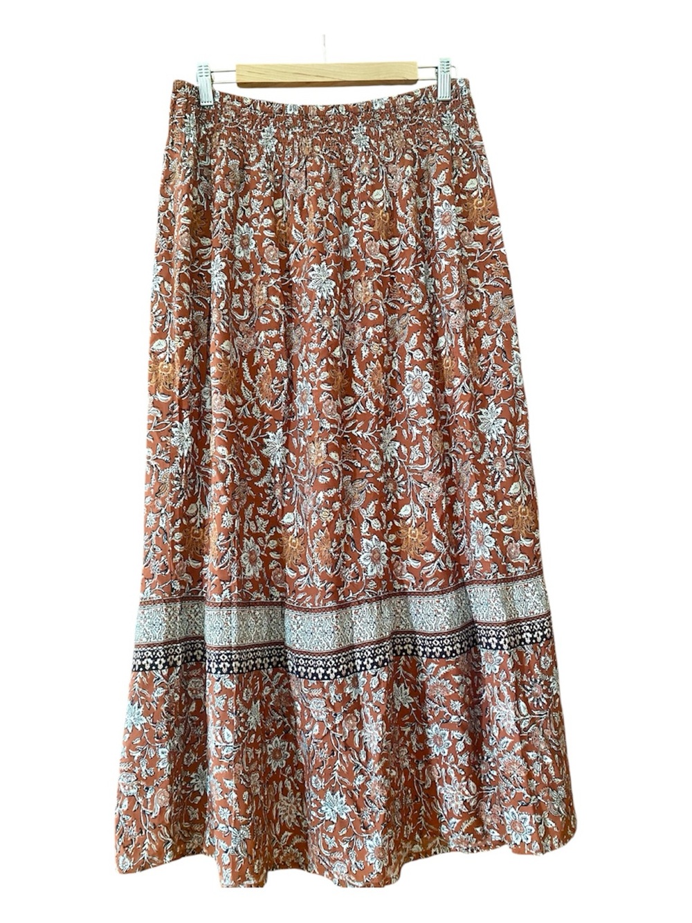 J.Jill Rust Floral Boho Maxi Skirt Smocked Waist Border Print Rayon Small
